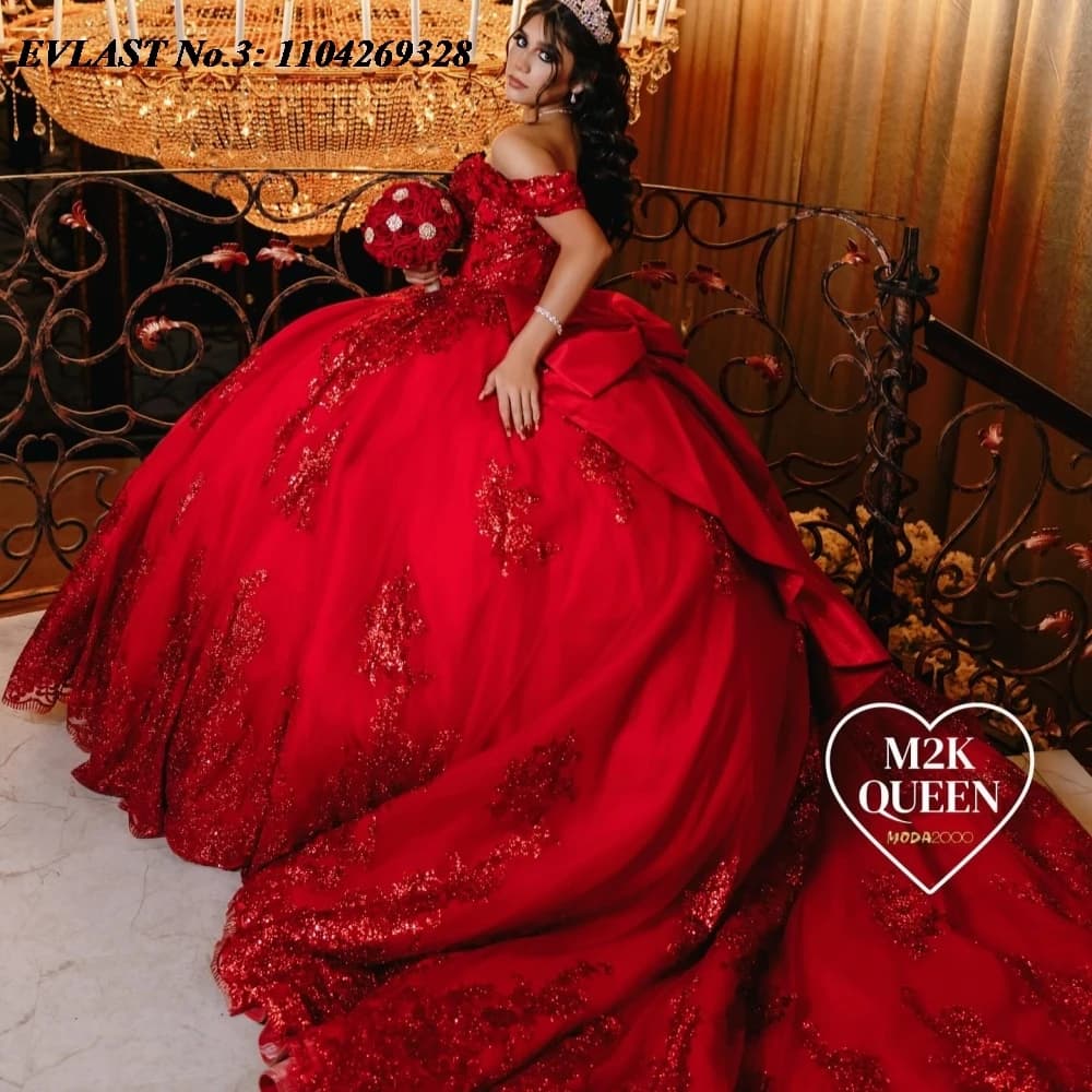 EVLAST Personalizzato Rosso Lucido Abito Quinceanera Abito di Sfera Paillettes Applique Che Borda Arco Del Partito Dolce 16 Abiti Da 15 Anos E3Q618