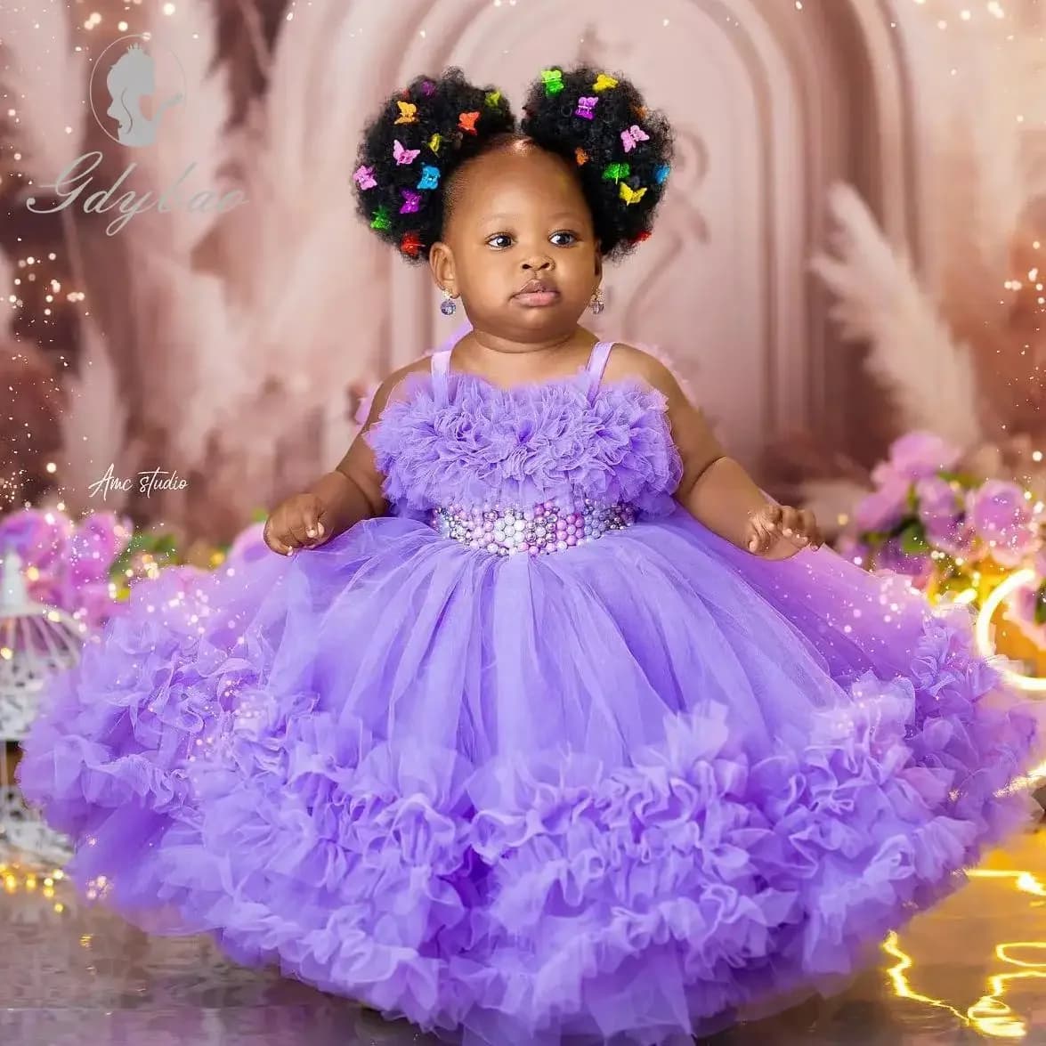 Abiti da ragazza di fiore viola Perle di lavanda Abiti da festa di compleanno per ragazze Increspature di perline Abiti da ballo per bambini per il servizio fotografico