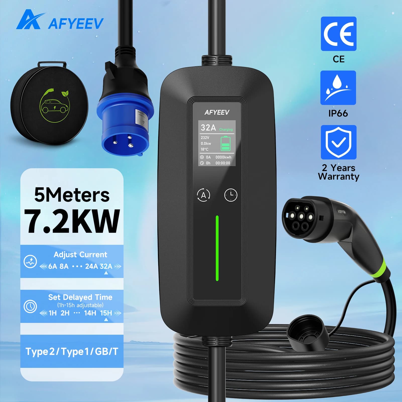 AFYEEV Tipo 2 Caricatore EV portatile 7.2KW 32A 1 fase Wallbox Type1 Caricatore per veicoli elettrici GB/T EVSE Cavo di ricarica Spina CEE