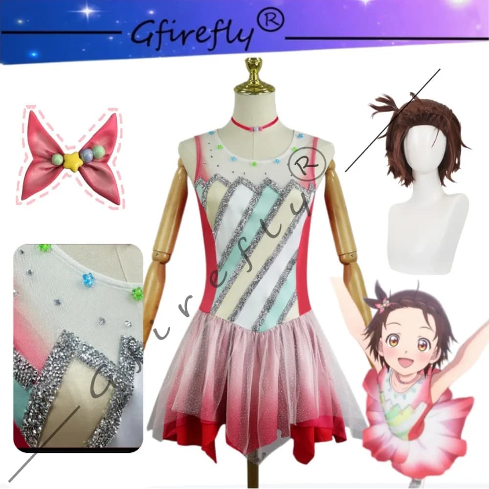 Costume da Pattinatrice Inori Needy, Abito Rosso per Pattinaggio su Ghiaccio, Parrucca e Accessori, per Donne Adulte, Halloween, Comic Con, Carnevale, Feste