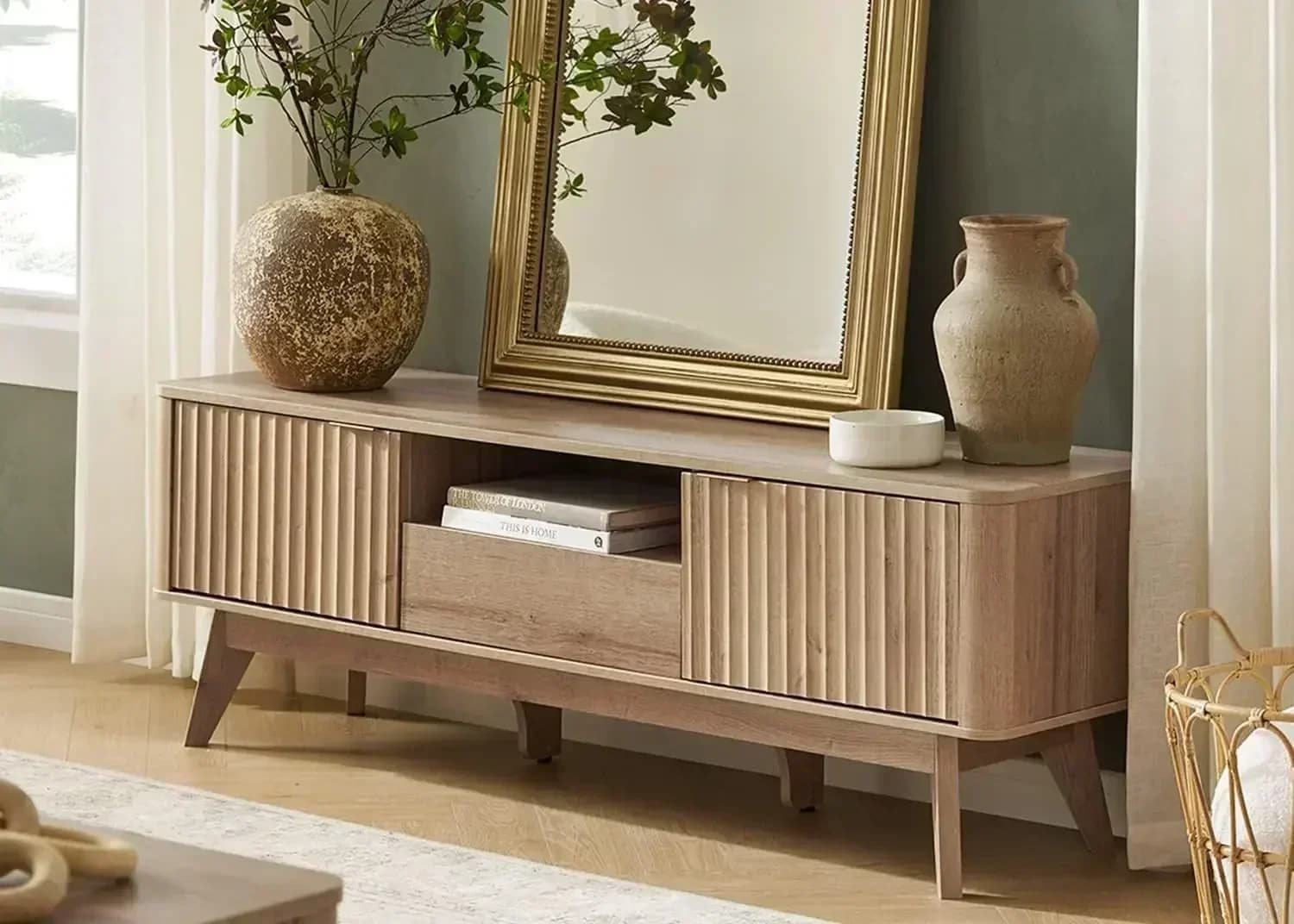 XMSJ.Brooklyn Mobile TV moderno Mid-Century, elegante profilo curvo con ripiano regolabile e robusta gamba con telaio a scatola (rovere dorato, 57"