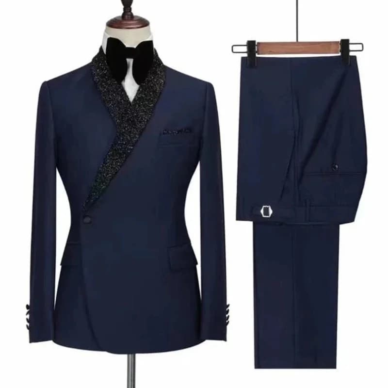 Abiti da uomo slim fit con doppio petto scialle nero bavero smoking da sposo da sposa blazer da ballo maschile 2 pezzi giacca da abito pantaloni