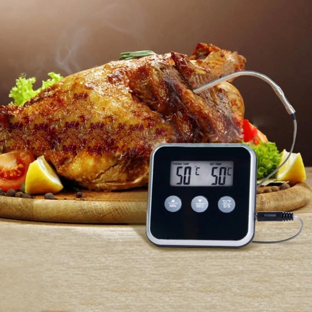 Termometro Elettronico con Timer per Alimenti e Carne, Misuratore di Temperatura con Sonda per Fornello, Caminetto, Forno, Termometro Domestico
