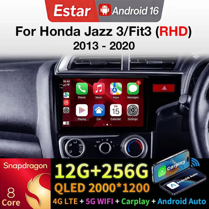 Autoradio Android 16 per Honda Jazz 3 2015-2020 e Fit 3 GP GK 2013-2020 (Guida a Destra) con Carplay Wireless, Android Auto, Navigazione BT, 2Din