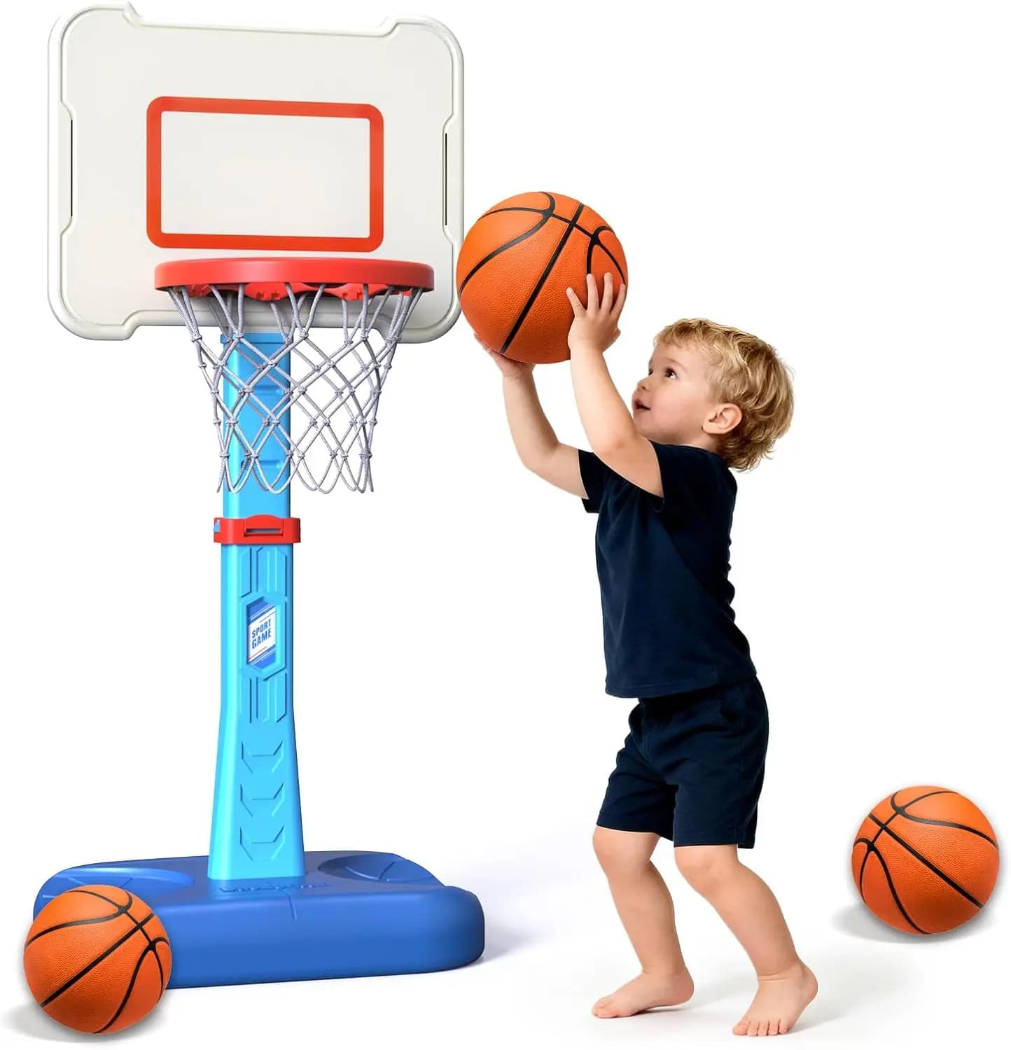 Canestro da basket regolabile per interni con 3 palloni per bambini da 1 a 3 anni, giocattolo sportivo da esterno per bordo piscina, idea regalo