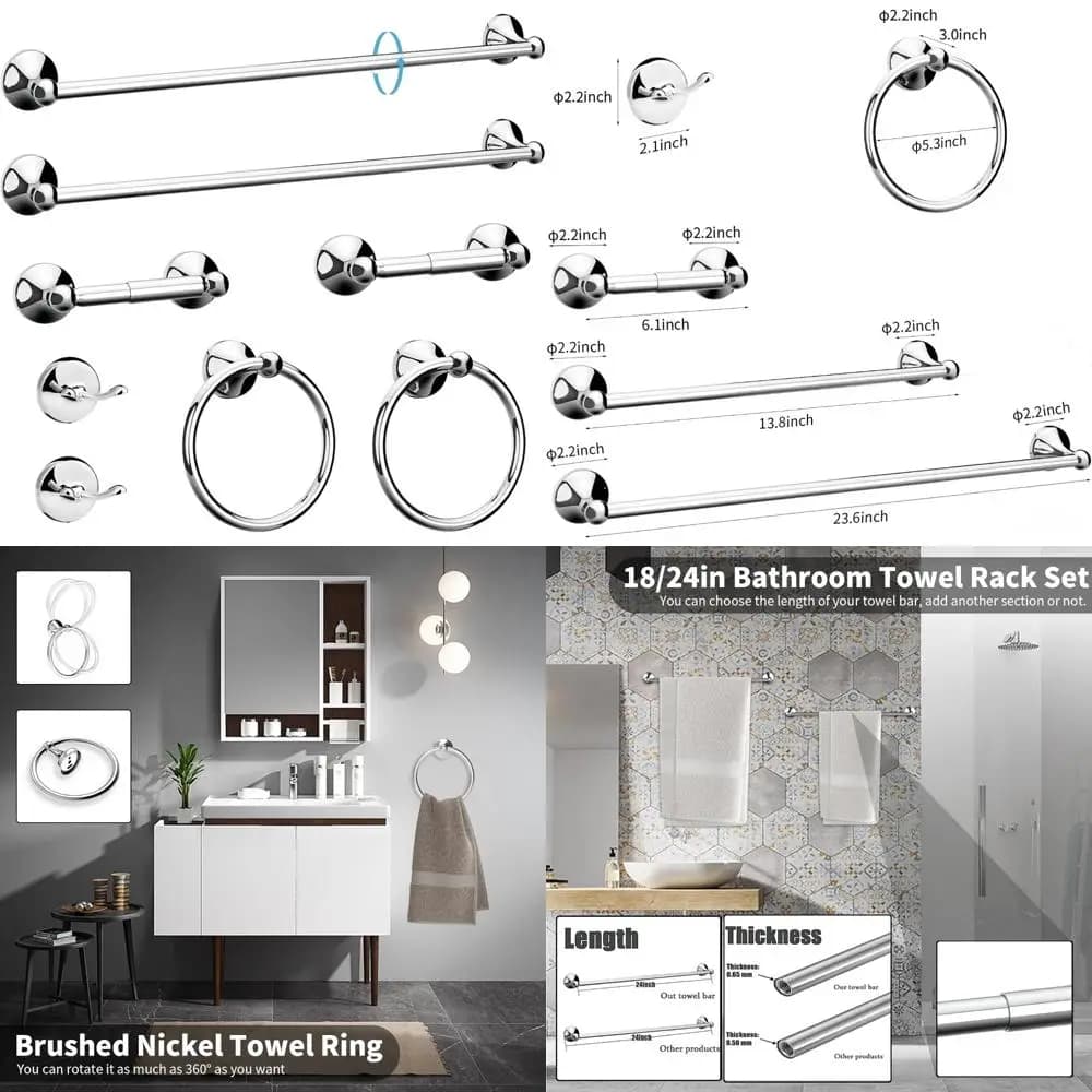 Set completo di accessori da bagno da 8 pezzi con portasciugamani regolabile e anelli a parete per la decorazione domestica moderna