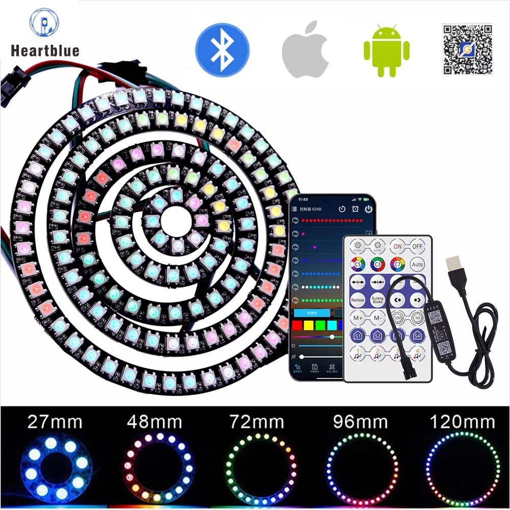 Anello Luminoso LED RGB WS2812B 5050 Indirizzabile Individualmente 8 16 24 35 45 Pixel con Controller Bluetooth USB