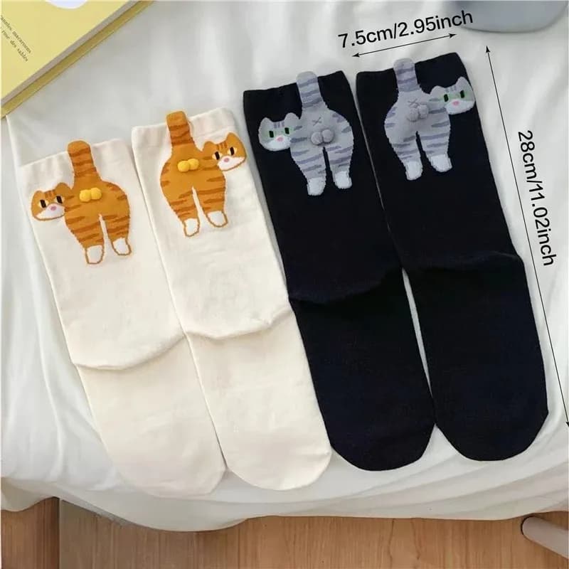 2 Pairs Gift for Cat Lovers: Cartoon Cat Ladies Cotton Socks Breathable and Comfortable Socks for All Seasons