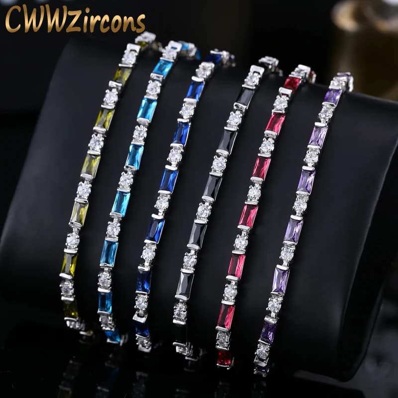 CWWZircons Fashion CZ Charm Lovely Red Green Blue Austrian Crystal Tennis Bracelets for Women Christmas New Year Gift CB087