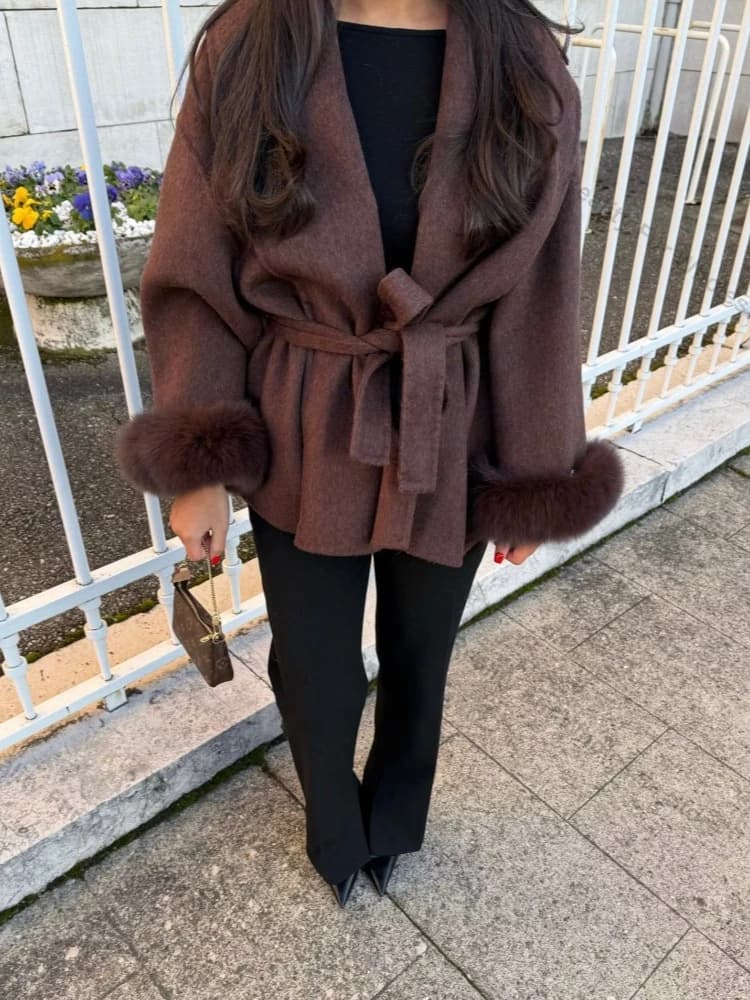 Women's Genuine Fur Coat Classic Luxury Soft Wool High Fashion Belted Fur Trim Woolen Coat Old Money Style Natural Fur Coat