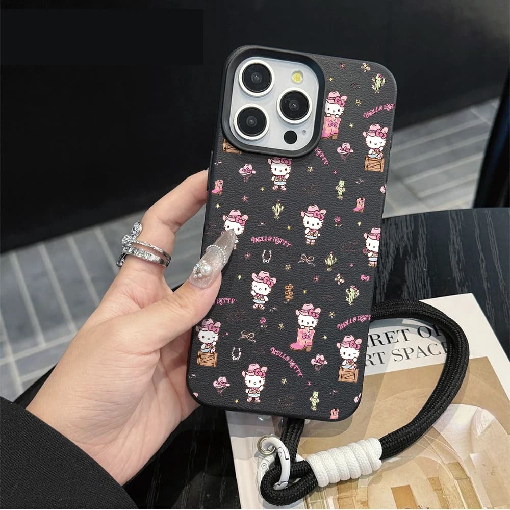 Custodia per telefono con laccetto, motivo litchi, stile cowboy, alla moda e simpatica, per iPhone 17 Air 16 15 14 13 12 11 Pro Max XS X XR 7 8