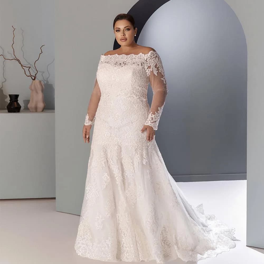 Abiti da sposa taglie forti per la sposa, abiti da sposa a sirena con strascico, maniche lunghe, applicazioni in pizzo, abito da sposa personalizzato
