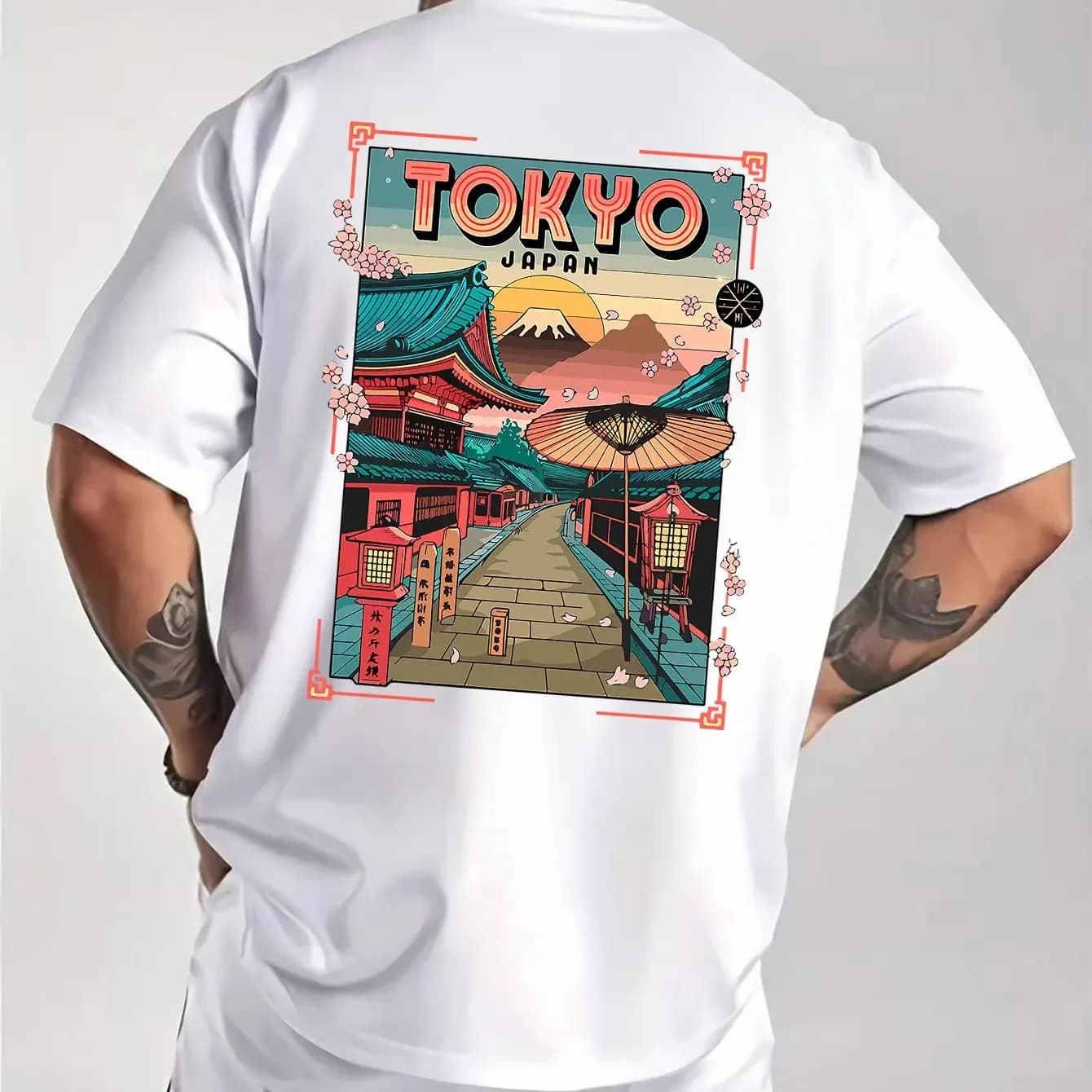 Men's Cotton Tokyo Japan T-shirt Featuring Mount Fuji and Temple Designs Casual Crew Neck Short-sleeved Top Urban Streetwear