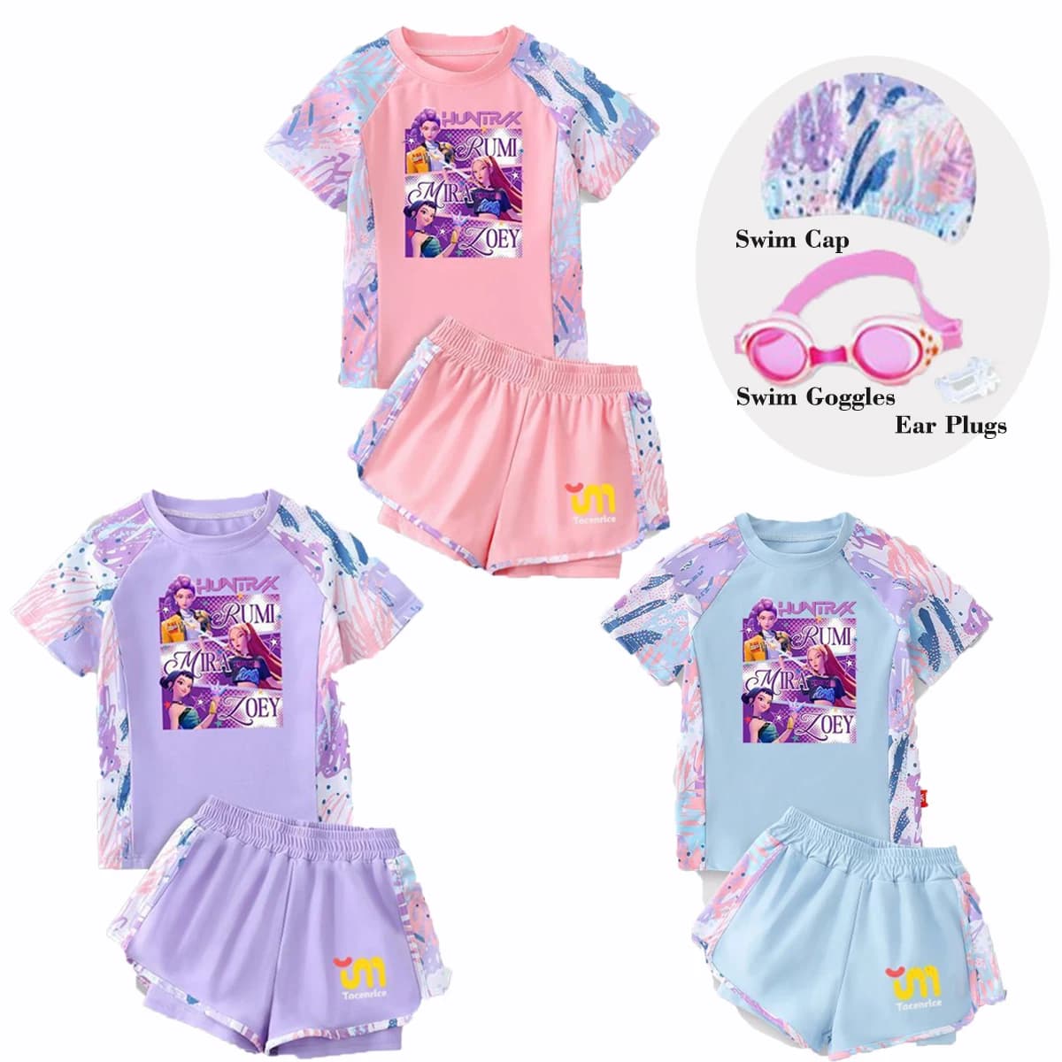 Set Costume da Bagno Kpop per Ragazze, Costume da Bagno per Bambini per Fan di Kpop Include T-shirt, Pantaloncini da Nuoto a Doppio Strato Anti-Esposizione, Cuffia da Nuoto, Occhialini