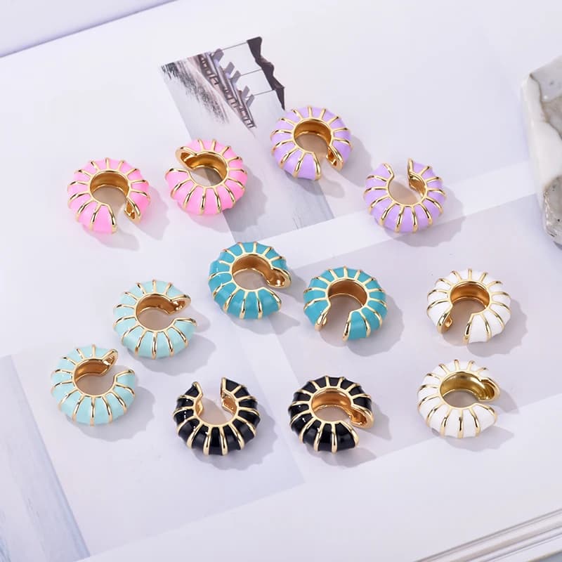 1 Piece Round Clip On Earrings Ear Cuffs Bohemian C Shaped Enamel Gold Color Jewelry Non-Piercing Blue Black White Pink Earrings