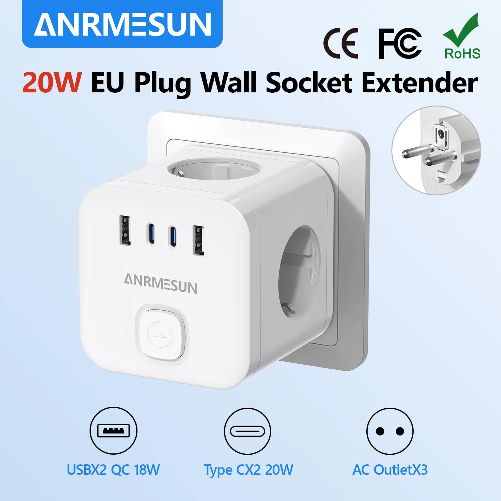 Power Strip Cube Adapter with Switch 3 Outlet 2 USB A 2 Type C Port Portable Socket Wall Socket Extender Charger On Travel 3840W