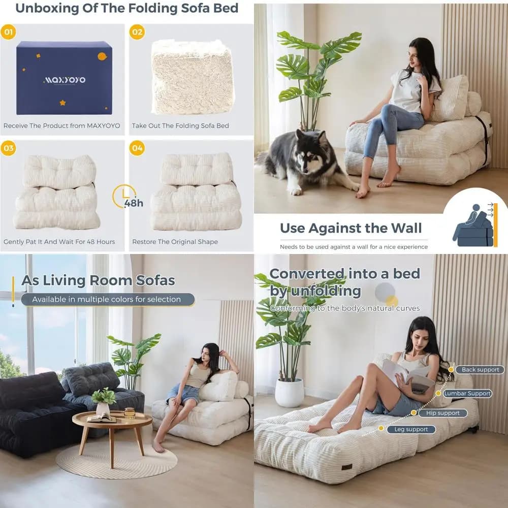 Bed Armchair Convertible with Pillow and Lombare Support, Sofa Bed for Lounge or Living Room, Beige, Single