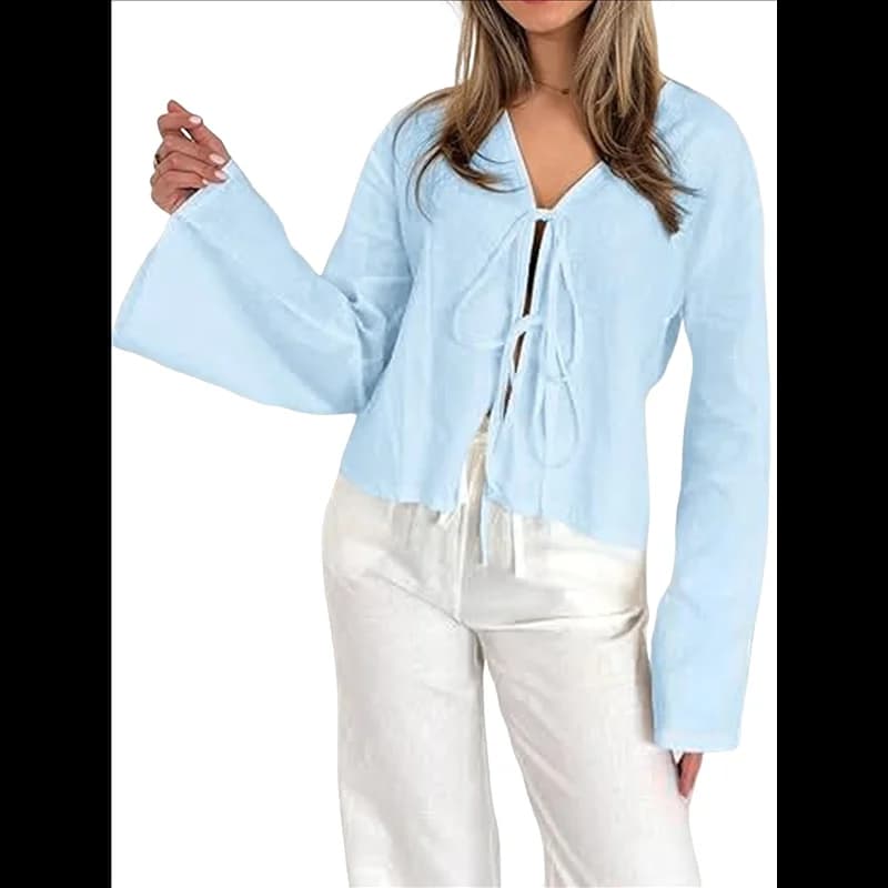 ABRT-Top con cravatta sul davanti per donna Camicie in cotone Y2K Manica svasata Scollo a V Abbigliamento Casual Lace Up Bow- Camicette
