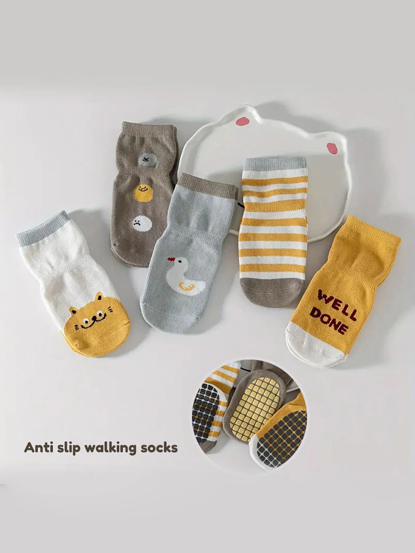 5 Pairs Baby Non Slip Floor Socks, Cute Cartoon Animal Print Gripper Socks for Toddlers, Soft Cotton Anti Skid Ankle Socks for Infant Crawling, Walking & Indoor Play