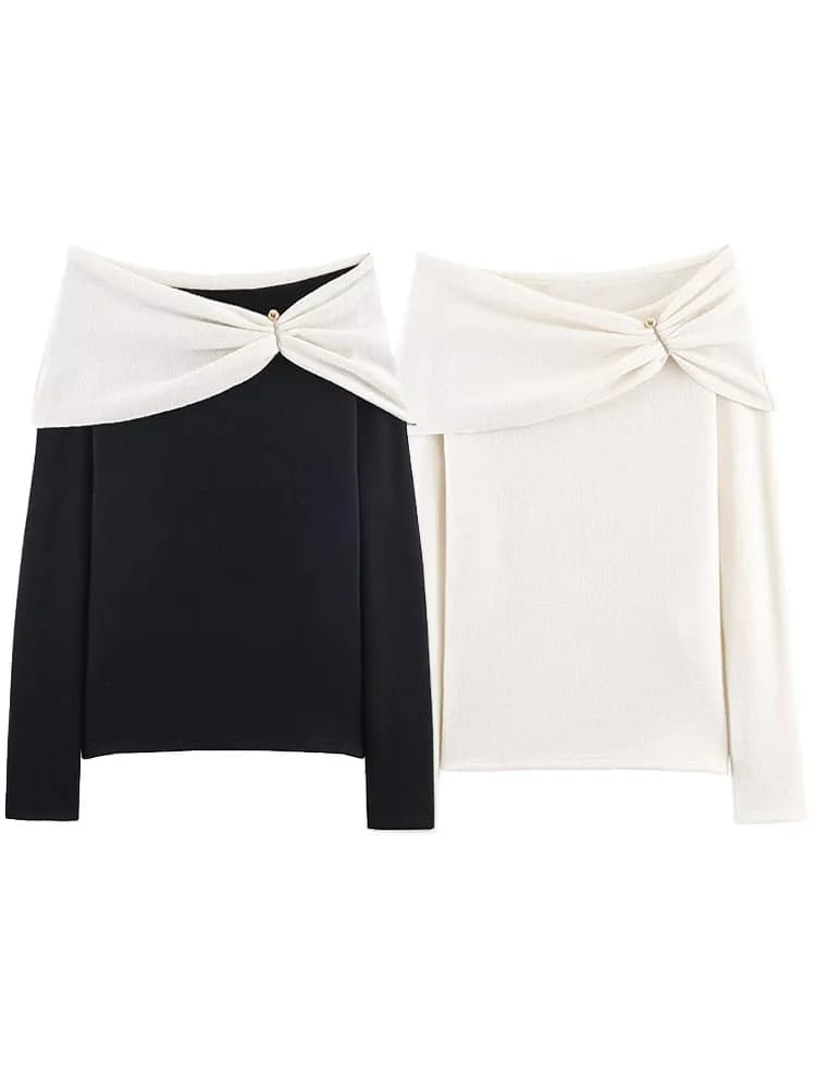 Maglione Casual da Donna HH, Maglia Larga a Collo Aperto, Maniche Lunghe con Decorazione Metallica, Pullover Moda Primaverile