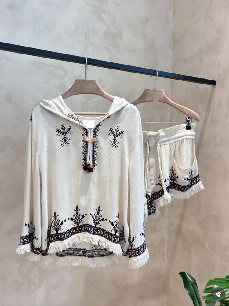 Completo Estivo da Donna con Stampa Floreale in Pizzo, Camicia con Cappuccio e Pantaloncini, Set Due Pezzi in Cotone alla Moda, Manica Lunga