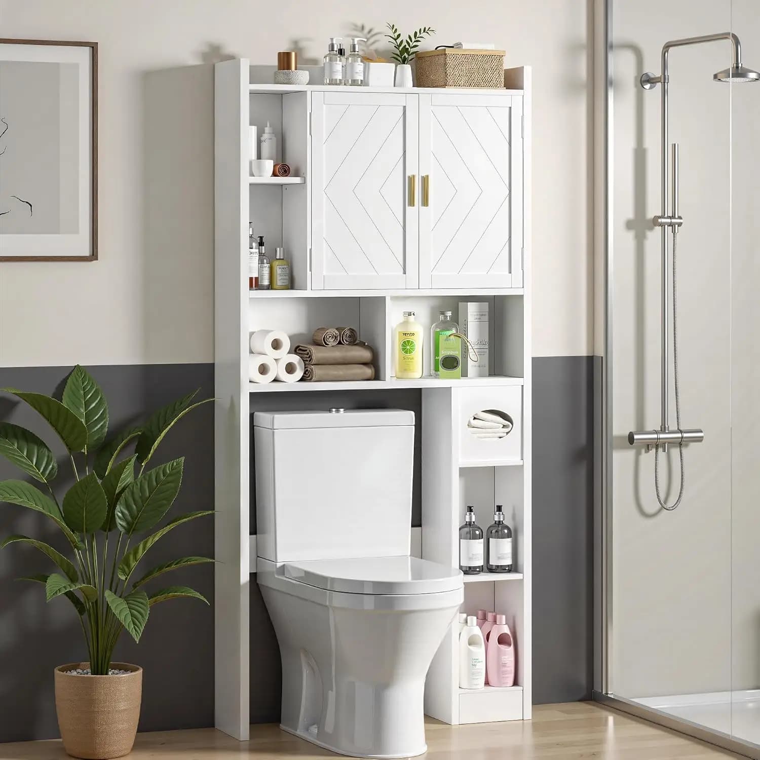 Mobiletto Salvaspazio Sopra il WC, Armadietto Sopra il WC con Ripiani Regolabili e Porta Carta Igienica, Personalizzabile