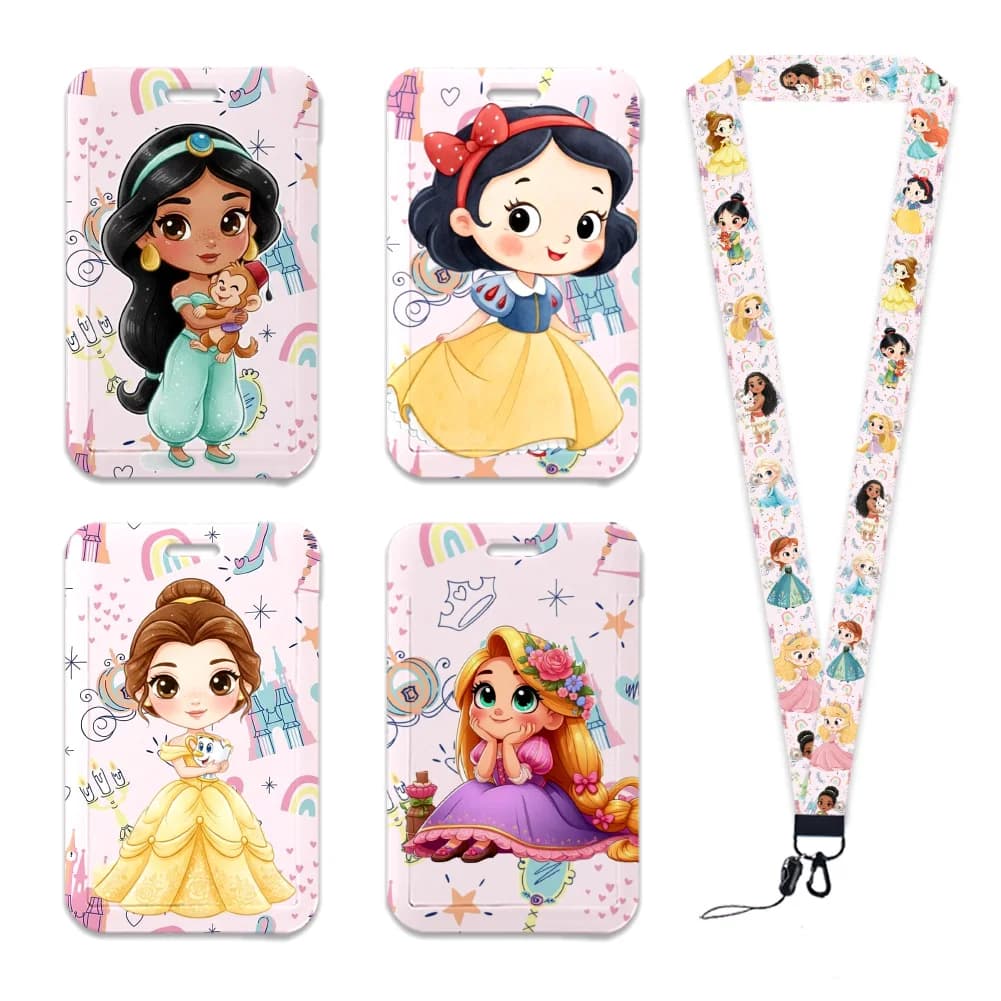 Disney Princess Cartoon Cute Kawaii Card Holder Work Permit Name Badge with Keychains Student Id Card Lanyard Holder Accessories