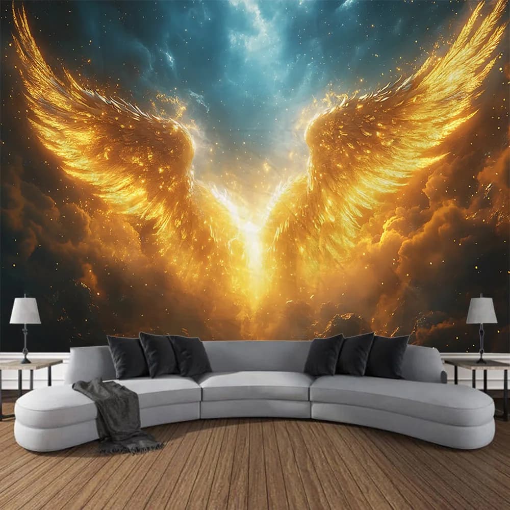 Wall arch with dream wings, starry sky with cartoons, artistic decoration for children's room, yoga mat, sofa cover, bed linen for the house