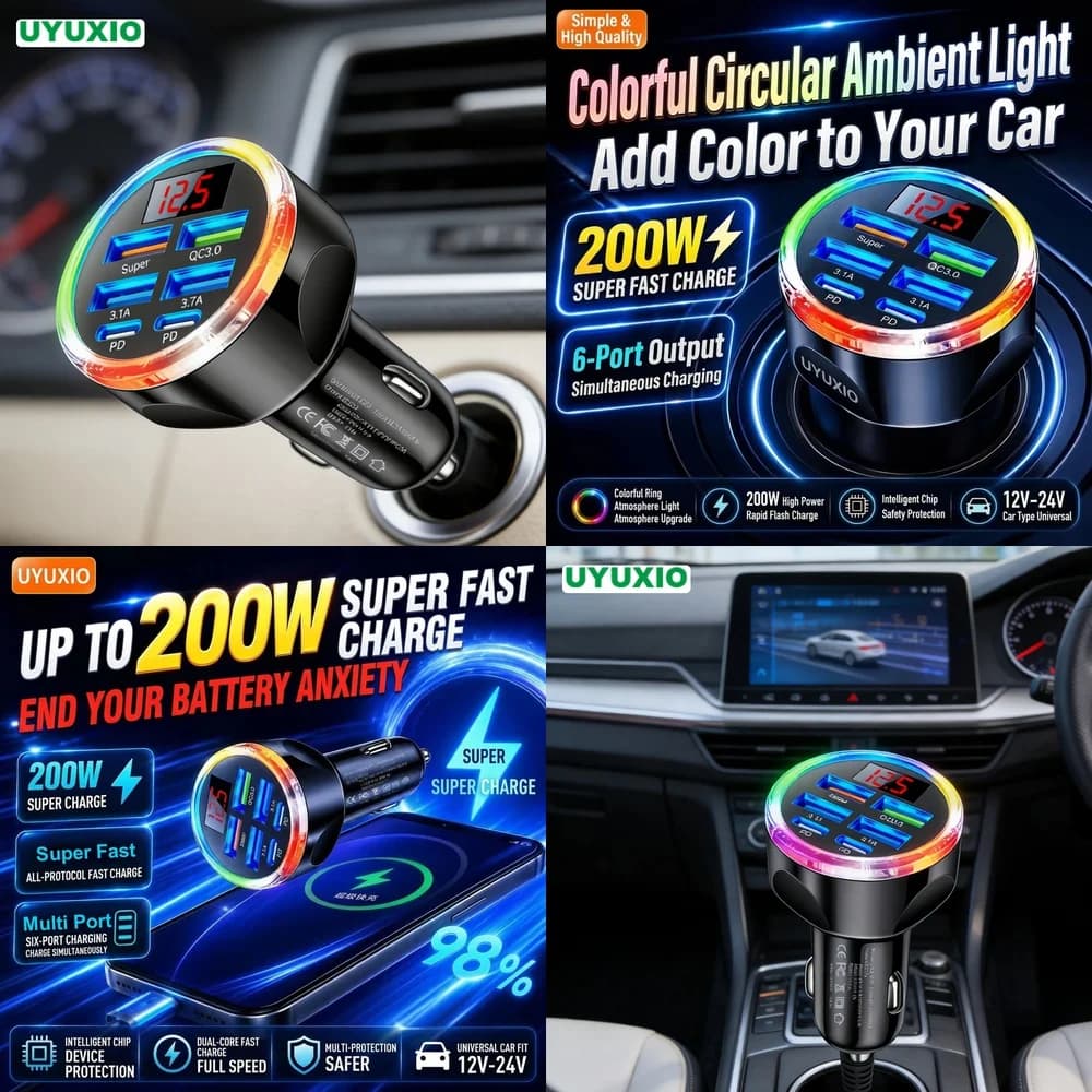 Universal Multi Port Car Charger New Products 2026 for iPhone 18 17 16 Samsung S26 S25 S24 with Multi Port RGB Ambient Light Hub