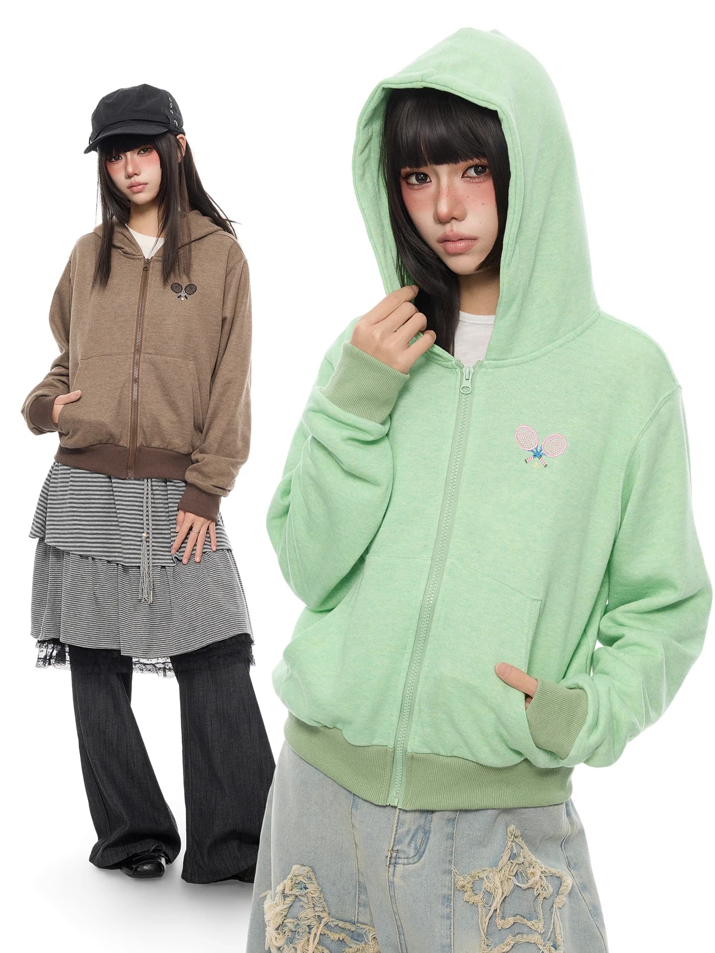 Racket American Retro Embroidered Zipper Sweatshirt Jacket Men's Lazy Style Short Open Cardigan Top Polyester Cotton Blend