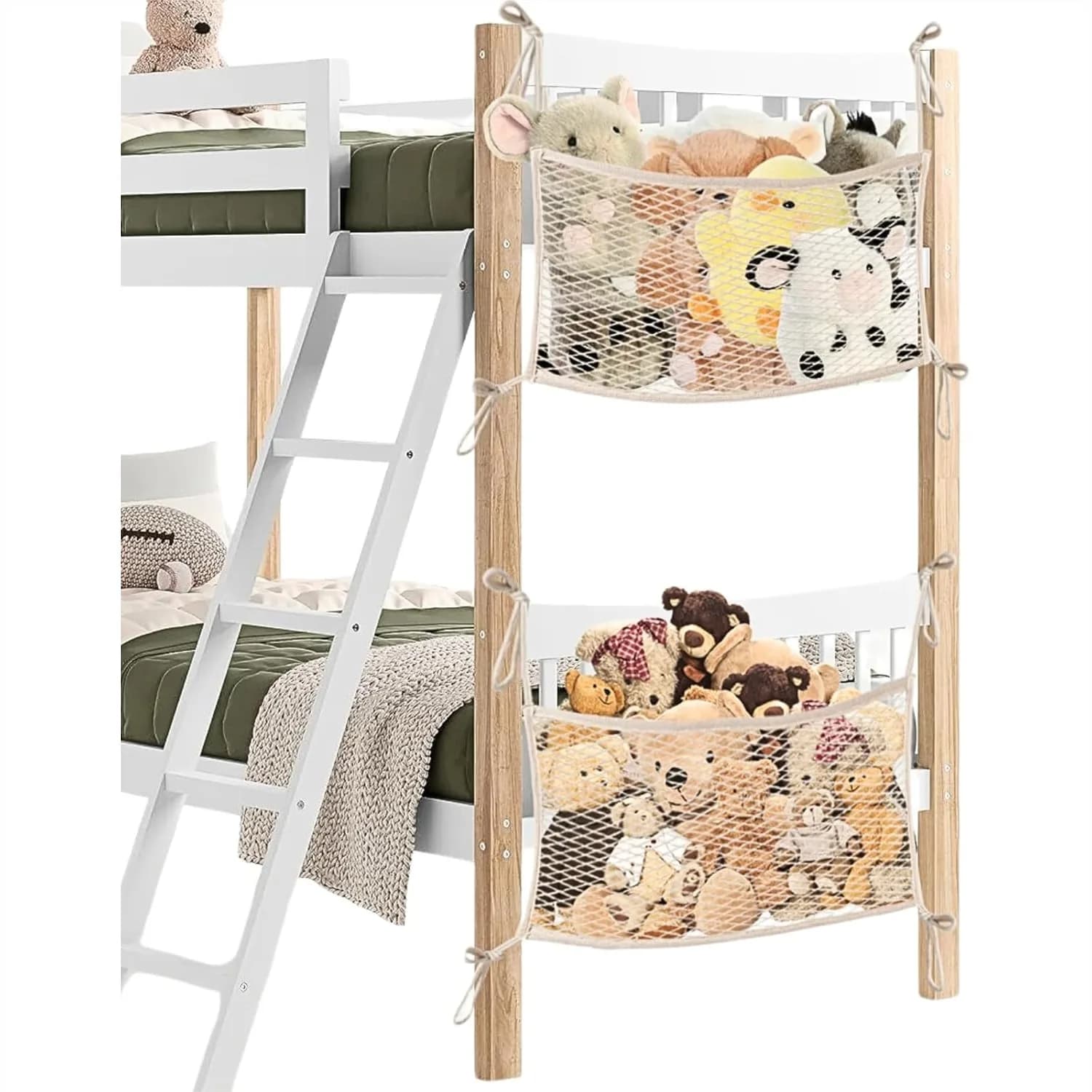 Rete portaoggetti per peluche per bambini, organizer per giocattoli da comodino con cordino, si estende fino a 35 pollici, beige