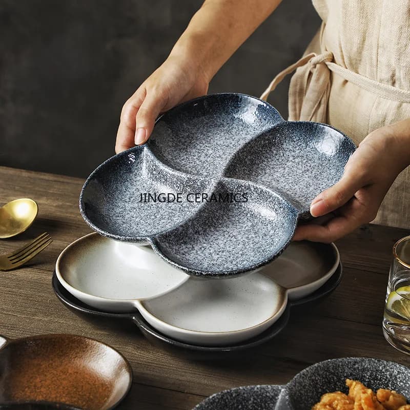 Four Grid Ceramic Plate Tray for Weight Loss Meals Fruit Divided for Breakfast Tray for Self-service Home Kitchen Ceramic Cutters