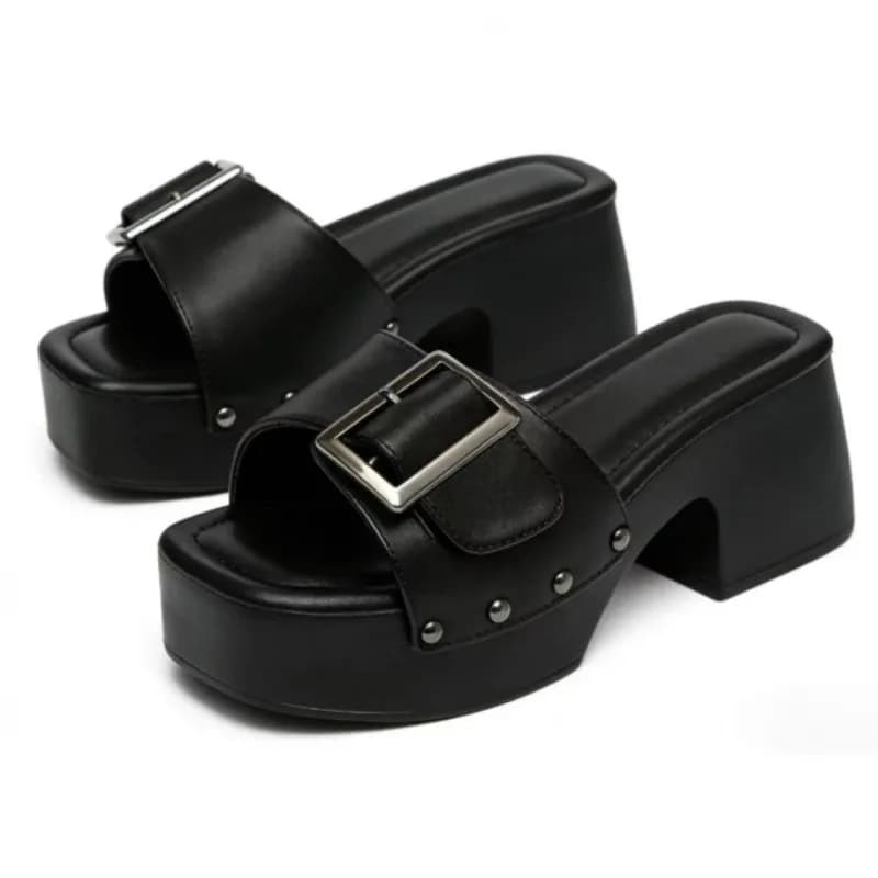 Women's Platform Slippers with Metal Buckle with Ribbons Sandals with Big Heel and Open Tip for Women Comfortable casual beach shoes