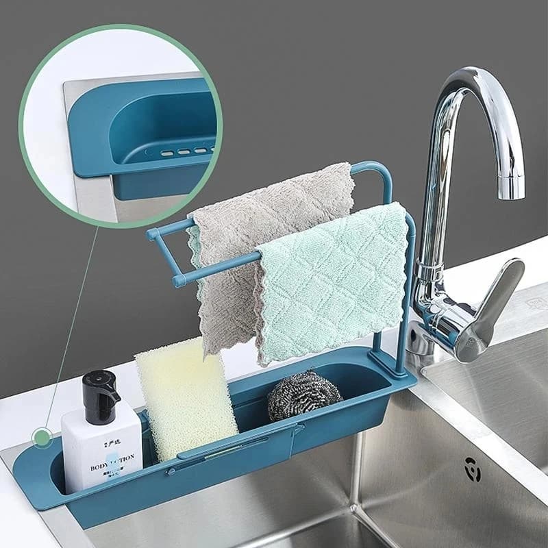 Scaffale per lavello telescopico Scaffale per scolapiatti da cucina Organizzatore Porta spugna per sapone Portasciugamani Organizzatore di stoccaggio Cestino Gadget Accessori