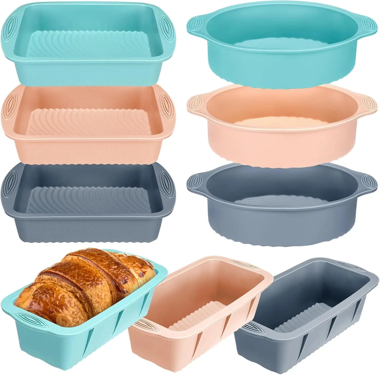 Il set di teglie da forno in silicone include un vassoio circolare in silicone per torte, un vassoio quadrato per torte e un stampo per pane, antiaderente, facile da sciogliere, al calore