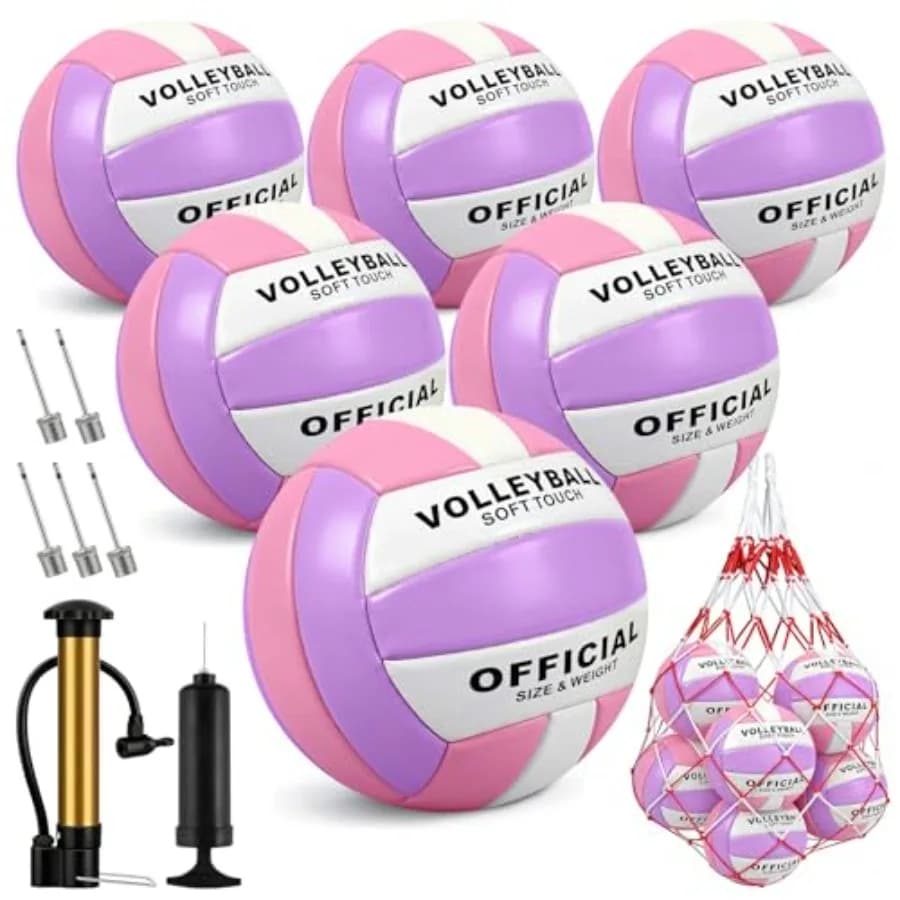 Confezione da 6 Palloni da Pallavolo Misura Ufficiale 5, Impermeabili e Morbidi con Pompa e Borsa a Rete per Interni, Esterni, Spiaggia, Piscina, Palestra