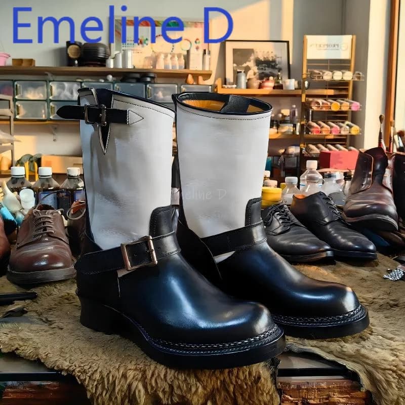 Motorcycle Boots Retro Color Block Trendy Round Toe and leather heel decorated with belt buckles and boot with subsole