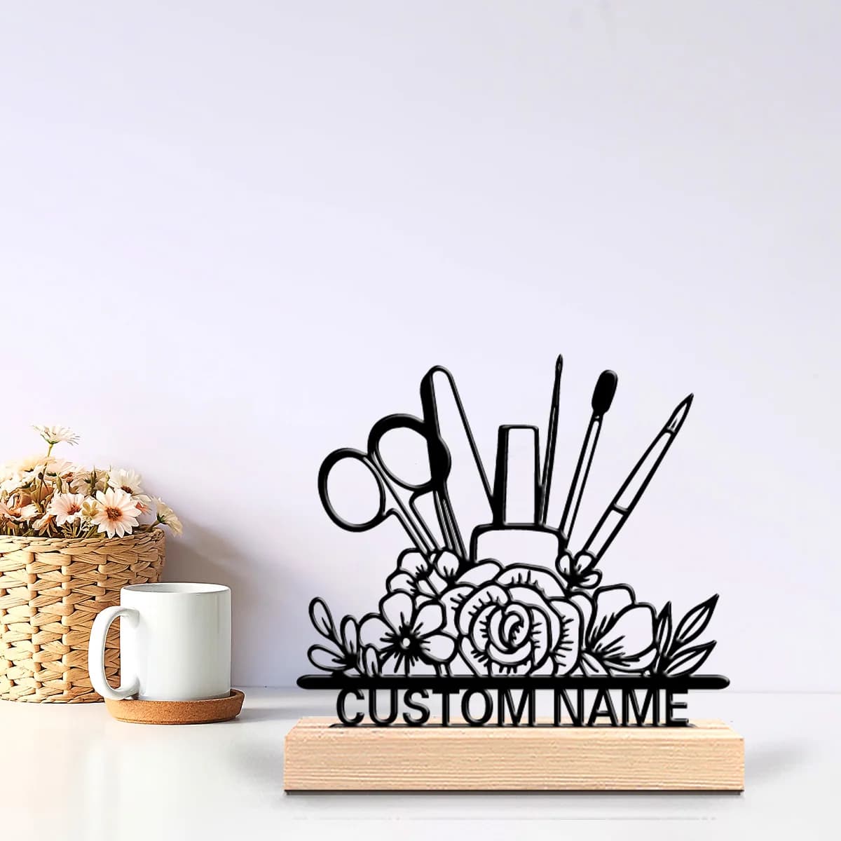 1pc Desktop Metal Ornaments Customizable Name With Wooden Base Home or Office Decorations