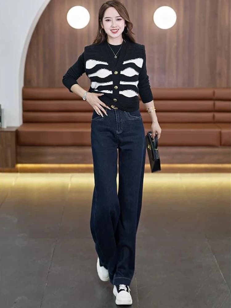 Jeans a Vita Alta e Gamba Larga per Donna, Nuovo Stile Autunnale, Pantaloni Larghi e Drappeggiati a Tutta Lunghezza, Versatili e Casual in Denim