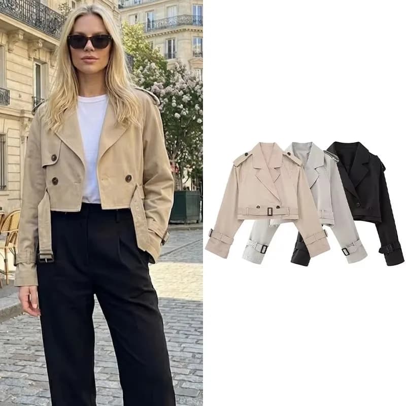 Willshela Women's Fashion With Belt Trench Short Vintage Neck Long Sleeve Chic Lady Coat Outfit