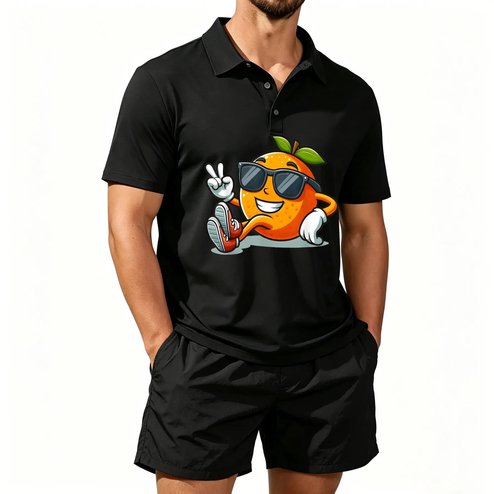Men's Polo Beach Shorts Two-Piece Set with Fun Orange Fruit Print, Fresh Orange Creative Illustration Pattern, Casual and Comfortable, Well-Fitted