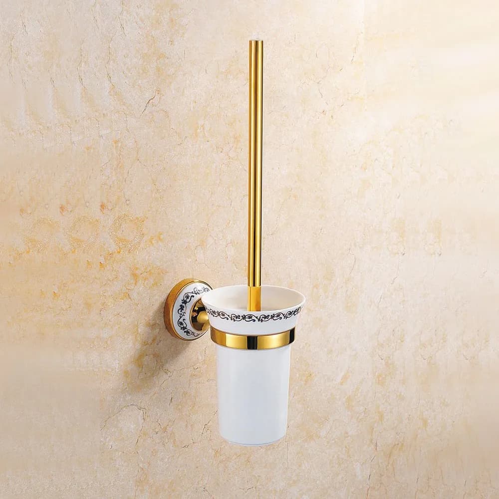 Set di scopini per WC a parete con accessori da bagno in ottone color oro di lusso con portabicchieri in ceramica Lba247