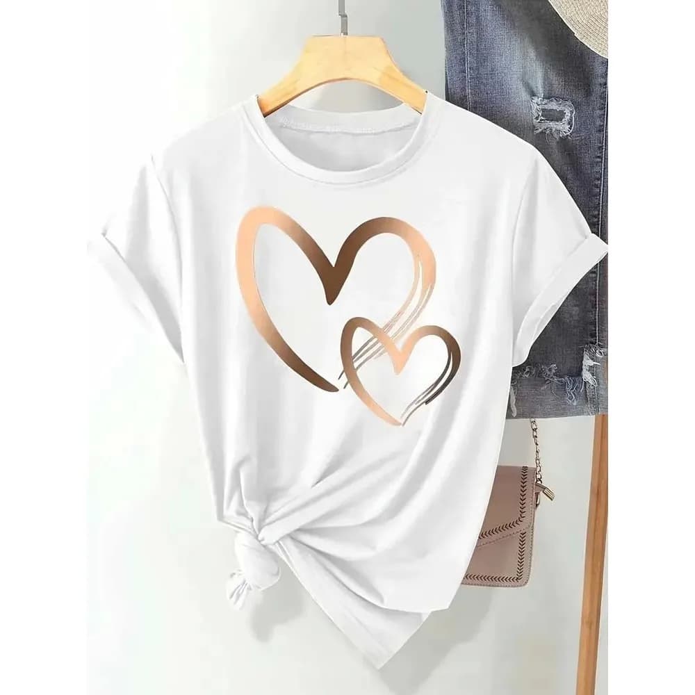 Summer New Fashion Women's Heart Printed T-shirt Trendy Casual Cleanfit Style A-line Sleeve Other Material 100% No Padding