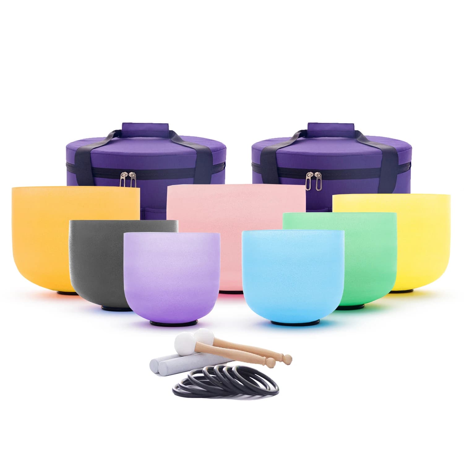 Hye-eun 7-12 Inch Colored Chakra Frosted Quartz Crystal Singing Bowl Set 7 pcs With/without Carring Case Suede Sticks Mallet