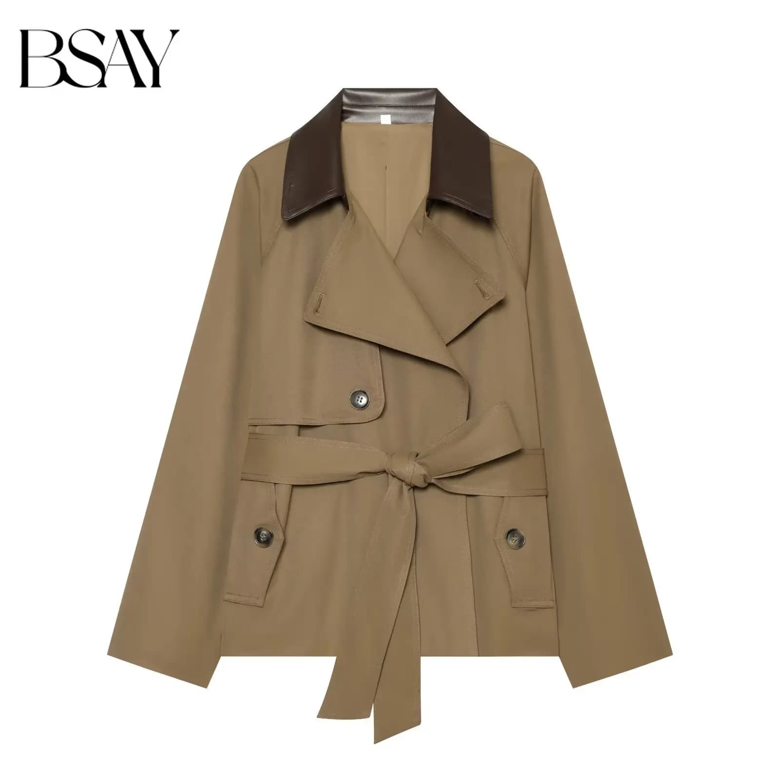 BSAY Women New Fashion Versatile Short Trench Coat Contrast Color Lapel Belted Waist Double Breasted Loose Commuter Outer Jacket