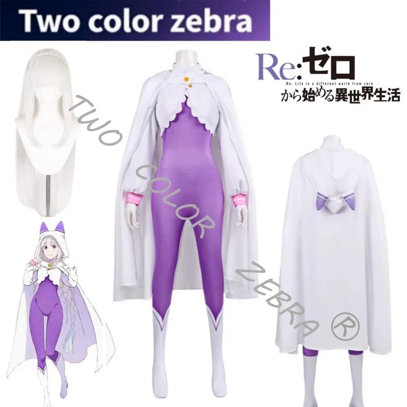 Costume Cosplay Emilia, Set con Mantello e Tuta Viola, Anime Re:Zero - Iniziare la Vita in un Altro Mondo, Abito per Carnevale e Halloween