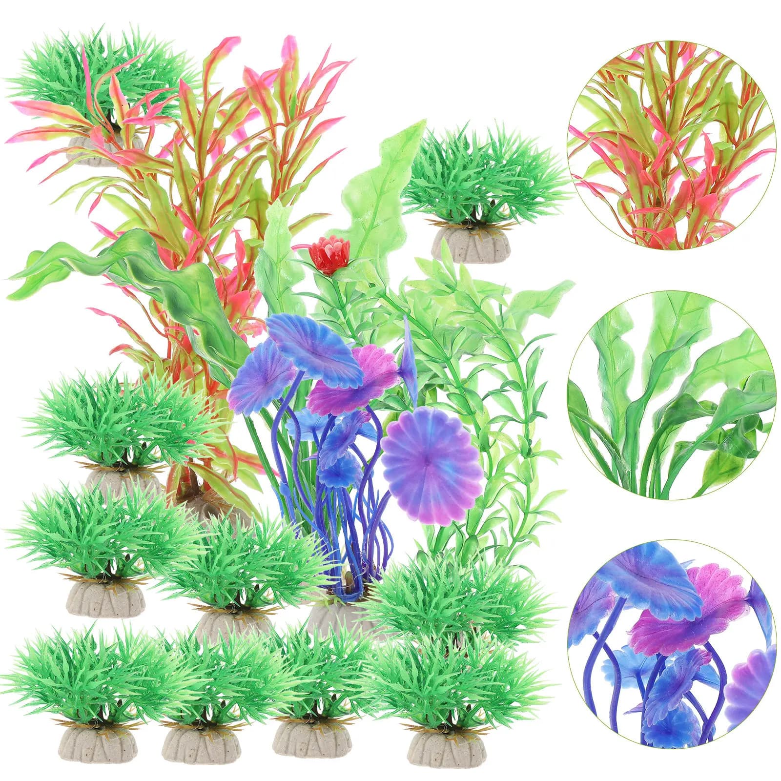 Set di 14 Decorazioni per Acquario, Accessori Artificiali per Vasche dei Pesci, Erba Acquatica Simulata in Plastica per Terrari di Rettili