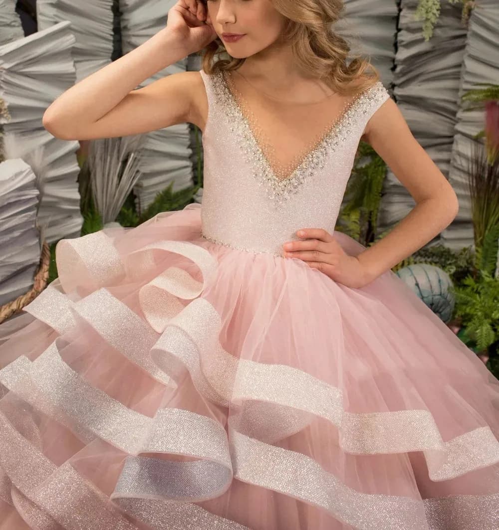 Abiti da ragazza di fiore rosa per matrimonio Abiti da festa di compleanno per bambina senza maniche a strati di cristallo Abiti da prima comunione personalizzati