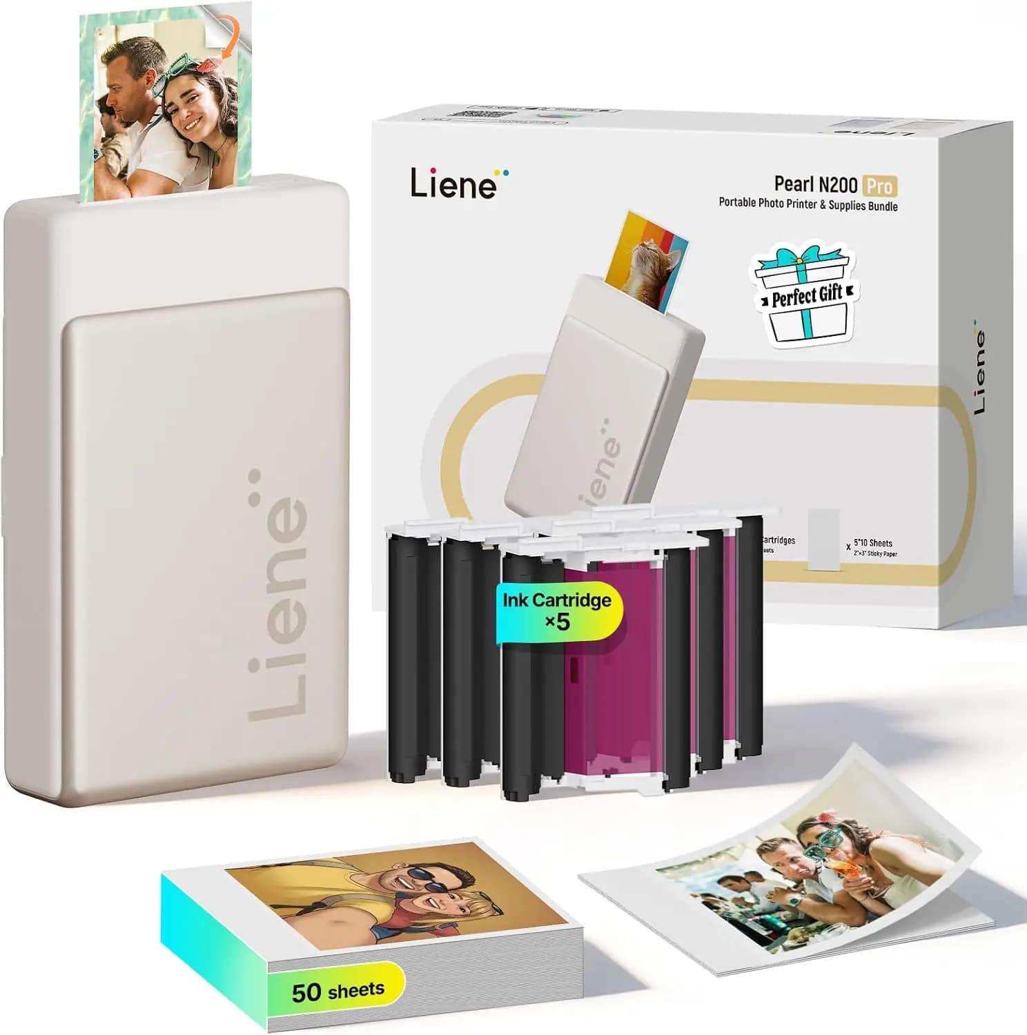 Stampante Fotografica AI Portatile, Mini Stampante Istantanea per Adesivi 2x3 per iPhone e Smartphone, Sublimazione Termica Bluetooth, 50 Fogli di Carta Adesiva e 5 Cartucce, Oro