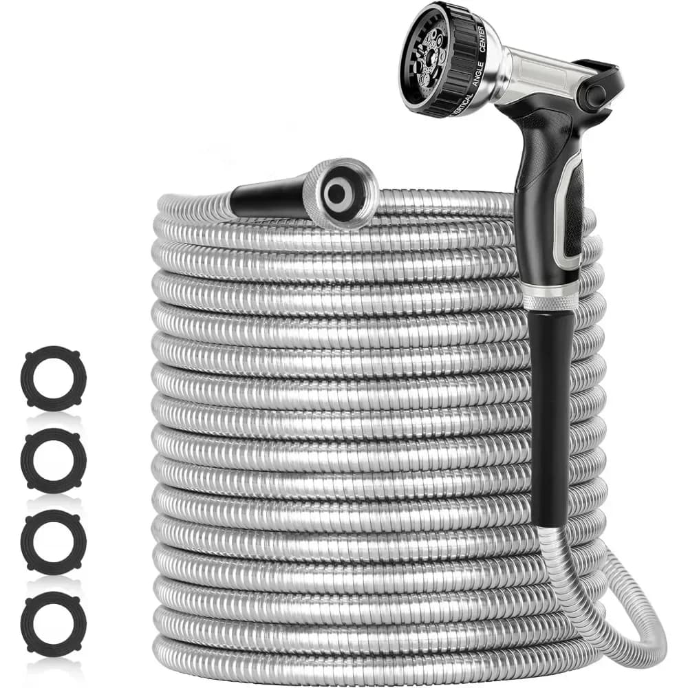 q Tubo da giardino, tubi da giardino in acciaio inossidabile 304 da 50 piedi in metallo, tubi dell'acqua resistenti con ugelli